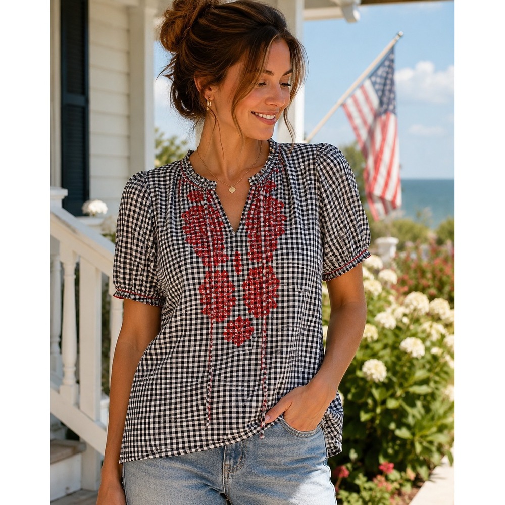 Westport 1962 XL Gingham Embroidered Blouse Navy White Red Floral Cotton